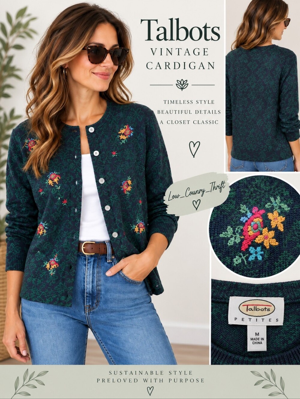 Talbots Vintage Floral Cardigan Sweater Women's M Green Navy Wool Blend NWT
